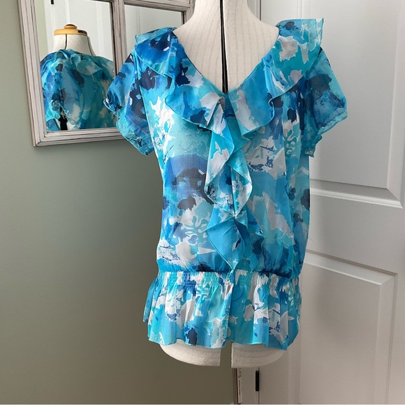 NEW WOMEN DESIGN, TEAL AND MULTI COLOUR RUFFLE BLOUSE, SIZE: L - Picture 2 of 7